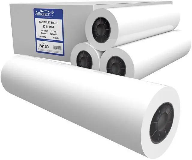 Main image of Wide Format Paper 24" x 150' CAD Bond Rolls (20lb | 4 Rolls, 24 In x 150 Ft | 2" Core)