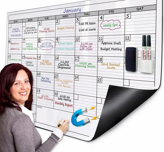 Main image of Large Magnetic Dry Erase Calendar for Wall, 38" x 50" Jumbo Monthly Planner, White Board Calendar for Office, Dual-Sided Magnetic Reusable