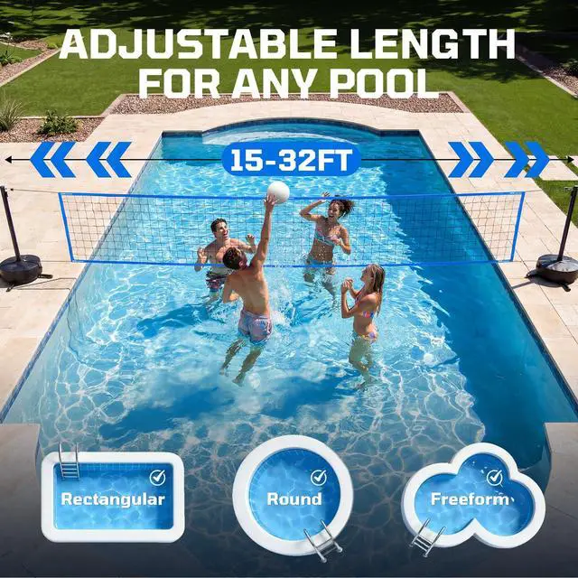 Alt view image 2 of 7 - LED Pool Volleyball Net Set, 15-32ft Adjustable Volleyball Net for Pool with Heavy Duty Base, Pool Volleyball Set for Inground Pools, Pool Toys & Pool Games for Kids & Adults, 2 Balls