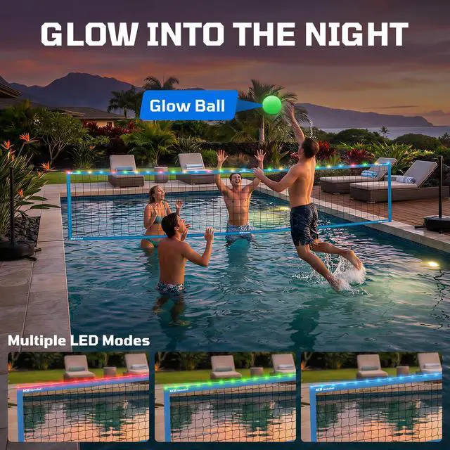 Alt view image 4 of 7 - LED Pool Volleyball Net Set, 15-32ft Adjustable Volleyball Net for Pool with Heavy Duty Base, Pool Volleyball Set for Inground Pools, Pool Toys & Pool Games for Kids & Adults, 2 Balls