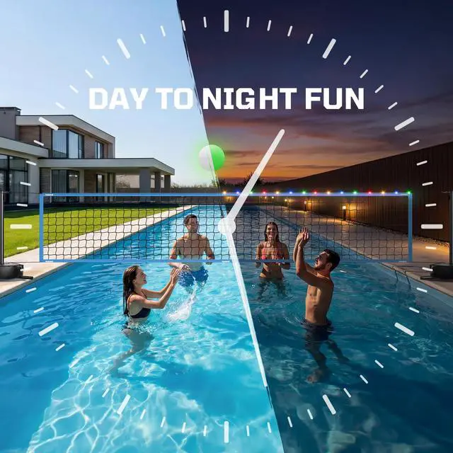 Alt view image 3 of 7 - LED Pool Volleyball Net Set, 15-32ft Adjustable Volleyball Net for Pool with Heavy Duty Base, Pool Volleyball Set for Inground Pools, Pool Toys & Pool Games for Kids & Adults, 2 Balls
