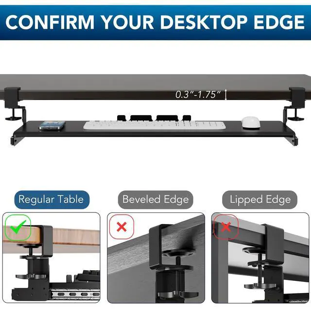 Alt view image 7 of 7 - Keyboard Tray Under Desk Pull Out with 3 Height Adjustable Extra Sturdy C Clamp Mount System, 32.8 (38 inch Including Clamps) x 12 Inch Slide-Out Platform Computer Drawer for Typing