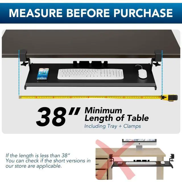 Alt view image 5 of 7 - Keyboard Tray Under Desk Pull Out with 3 Height Adjustable Extra Sturdy C Clamp Mount System, 32.8 (38 inch Including Clamps) x 12 Inch Slide-Out Platform Computer Drawer for Typing