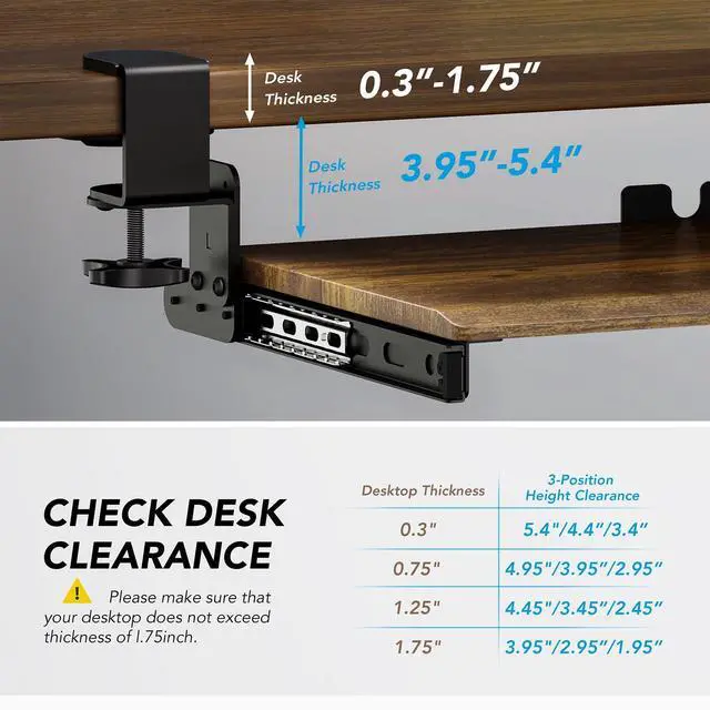 Alt view image 4 of 7 - Keyboard Tray Under Desk Pull Out with Extra Sturdy C Clamp Mount System, 32.8 (38 inch Including Clamps) x 12 Inch Slide-Out Platform Computer Drawer for Typing Vintage AX01WG202