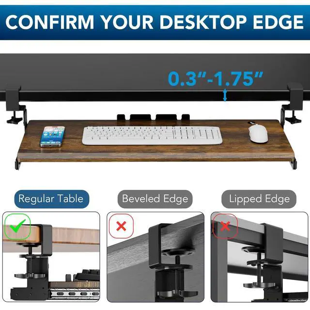 Alt view image 7 of 7 - Keyboard Tray Under Desk Pull Out with Extra Sturdy C Clamp Mount System, 32.8 (38 inch Including Clamps) x 12 Inch Slide-Out Platform Computer Drawer for Typing Vintage AX01WG202