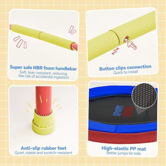Alt view image 3 of 7 - Mini Trampoline for Kids 3-6 with Super Safe Foam Handle Bar, 3ft Toddler Trampoline Indoor with No-Gap Cover for Indoor and Outdoor