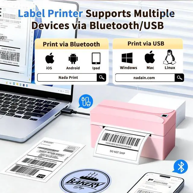 Alt view image 2 of 7 - Shipping Label Printer, 4X6 Bluetooth Thermal Label Printer for Shipping Packages Small Business, Thermal Printers Compatible with Android iPhone Windows Mac USPS Amazon Shopify Etsy, Pink