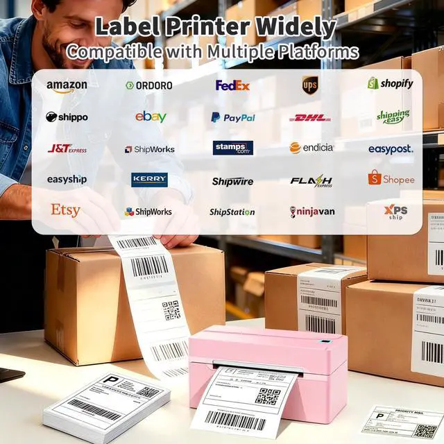 Alt view image 6 of 7 - Shipping Label Printer, 4X6 Bluetooth Thermal Label Printer for Shipping Packages Small Business, Thermal Printers Compatible with Android iPhone Windows Mac USPS Amazon Shopify Etsy, Pink