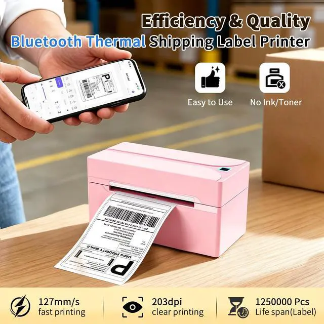 Alt view image 4 of 7 - Shipping Label Printer, 4X6 Bluetooth Thermal Label Printer for Shipping Packages Small Business, Thermal Printers Compatible with Android iPhone Windows Mac USPS Amazon Shopify Etsy, Pink