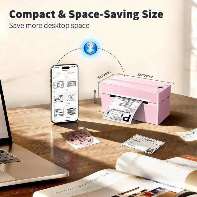 Alt view image 3 of 7 - Shipping Label Printer, 4X6 Bluetooth Thermal Label Printer for Shipping Packages Small Business, Thermal Printers Compatible with Android iPhone Windows Mac USPS Amazon Shopify Etsy, Pink