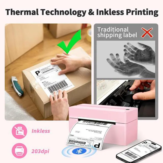 Alt view image 7 of 7 - Shipping Label Printer, 4X6 Bluetooth Thermal Label Printer for Shipping Packages Small Business, Thermal Printers Compatible with Android iPhone Windows Mac USPS Amazon Shopify Etsy, Pink