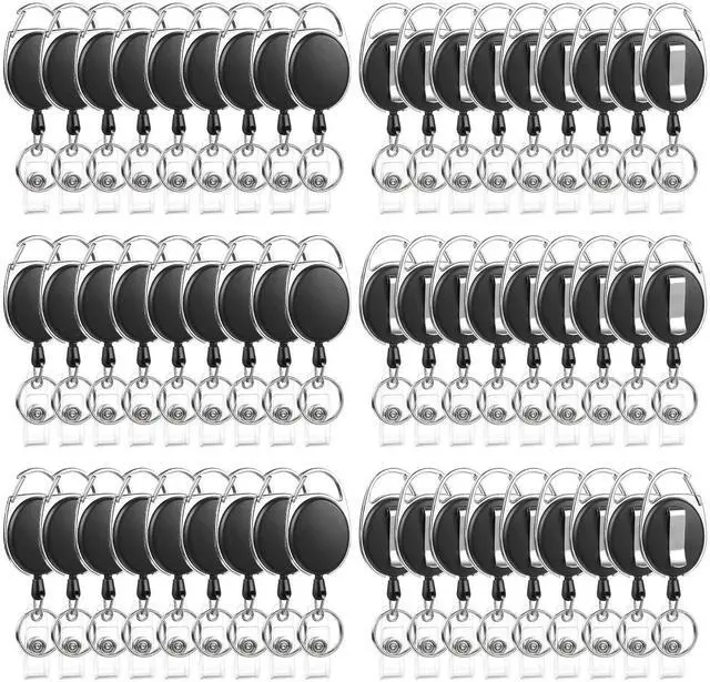 Main image of 120 Pack Retractable Badge Reels with Carabiner and Key Ring, Black | Heavy-Duty Plastic And Metal, 25.5" Retractable Cord, Clip-On Design For Badges, Keys And Cards, For Office, School And Work
