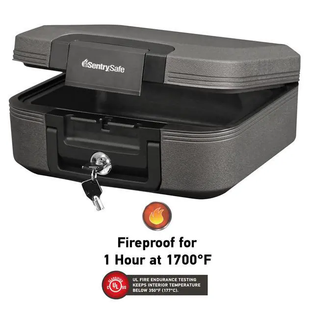 Alt view image 2 of 6 - Dark Gray Fireproof and Waterproof Safe with Key Lock, Chest Lock Box with Carrying Handle for Travel, 0.28 Cubic Feet, 6.6 x 15.4 x 14.3 Inches, CFW20201