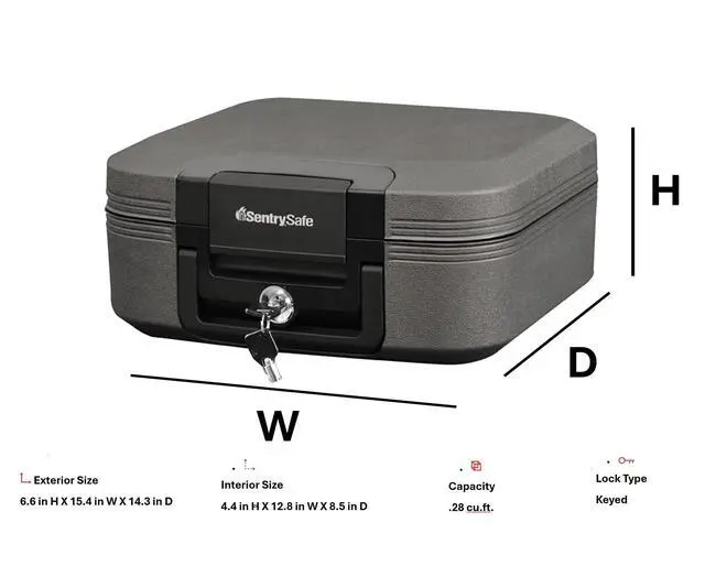 Alt view image 5 of 6 - Dark Gray Fireproof and Waterproof Safe with Key Lock, Chest Lock Box with Carrying Handle for Travel, 0.28 Cubic Feet, 6.6 x 15.4 x 14.3 Inches, CFW20201