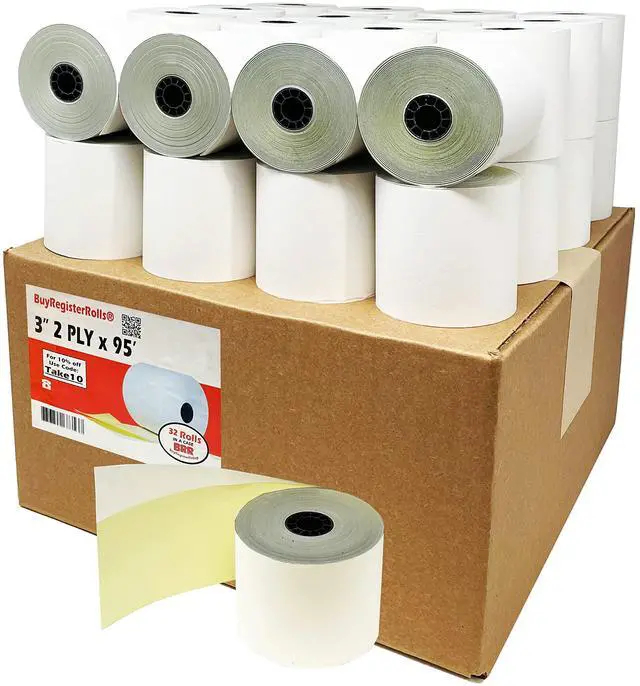 Main image of (32 Rolls) 2 Ply Carbonless Rolls 3" X 95 Feet White/Yellow Receipt Paper POS Cash Register Two Ply White/Canary for Star Micronics SP700 SP2000 UP389 Omni 480 TMU 220 250 Require Ribbons ERC30/34/38