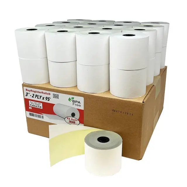 Alt view image 2 of 5 - (32 Rolls) 2 Ply Carbonless Rolls 3" X 95 Feet White/Yellow Receipt Paper POS Cash Register Two Ply White/Canary for Star Micronics SP700 SP2000 UP389 Omni 480 TMU 220 250 Require Ribbons ERC30/34/38