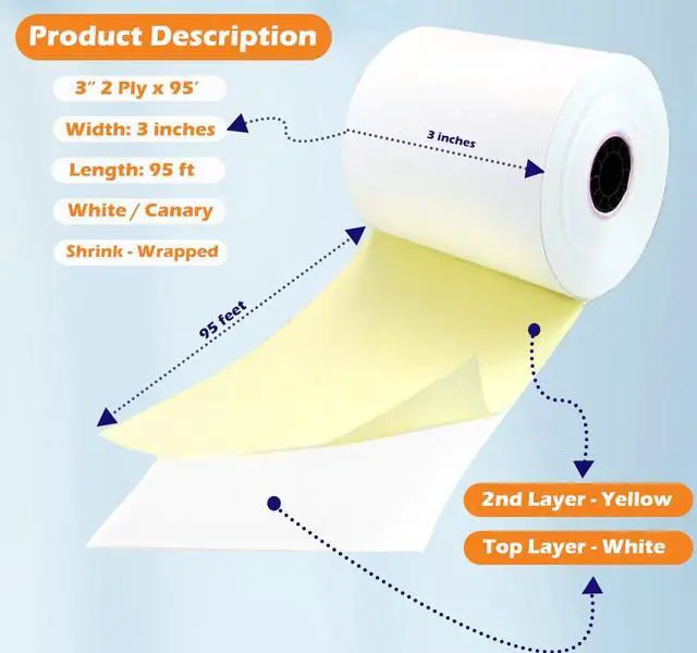 Alt view image 3 of 5 - (32 Rolls) 2 Ply Carbonless Rolls 3" X 95 Feet White/Yellow Receipt Paper POS Cash Register Two Ply White/Canary for Star Micronics SP700 SP2000 UP389 Omni 480 TMU 220 250 Require Ribbons ERC30/34/38
