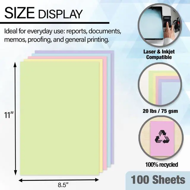 Alt view image 2 of 7 - Pastel Multipurpose Paper, 8.5 x 11 in, 100 Sheets, 12-Case | 20 lb (75 gsm), 100 sheets in 5 colors, 100% recycled, laser and inkjet compatible