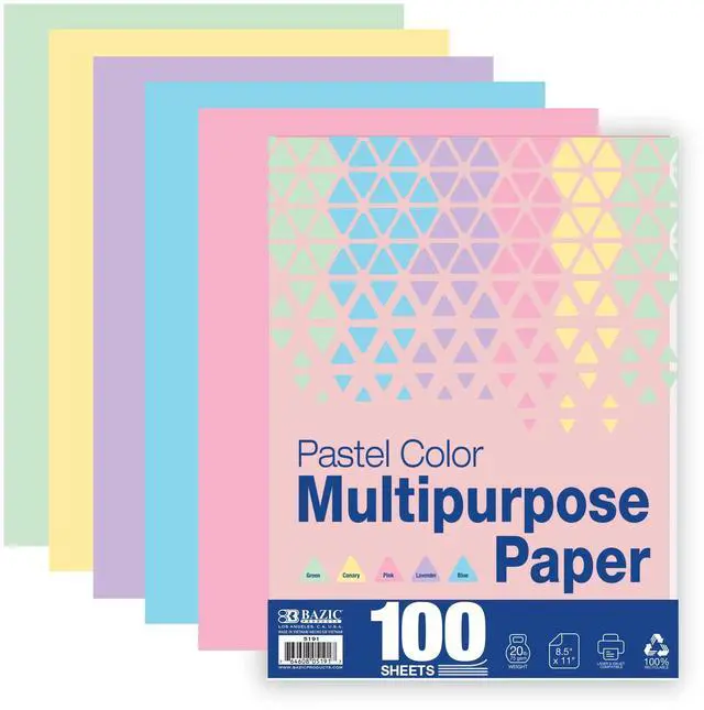 Main image of Pastel Multipurpose Paper, 8.5 x 11 in, 100 Sheets, 12-Case | 20 lb (75 gsm), 100 sheets in 5 colors, 100% recycled, laser and inkjet compatible
