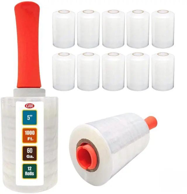Main image of 12 Pack Industrial Strength Mini Hand Stretch Wrap with 2 Plastic Handles, 60 Gauge Thick, 5" x 1000 Ft Roll, Shrink Wrap Roll for Moving Pallets, Plastic Wrap for Packing, Heavy Duty Stretch Film