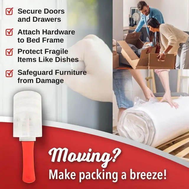 Alt view image 4 of 7 - 12 Pack Industrial Strength Mini Hand Stretch Wrap with 2 Plastic Handles, 60 Gauge Thick, 5" x 1000 Ft Roll, Shrink Wrap Roll for Moving Pallets, Plastic Wrap for Packing, Heavy Duty Stretch Film