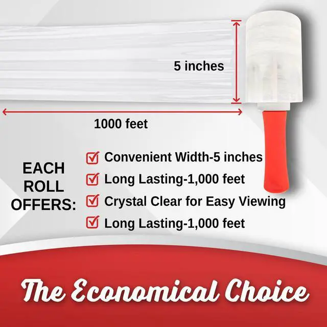 Alt view image 3 of 7 - 12 Pack Industrial Strength Mini Hand Stretch Wrap with 2 Plastic Handles, 60 Gauge Thick, 5" x 1000 Ft Roll, Shrink Wrap Roll for Moving Pallets, Plastic Wrap for Packing, Heavy Duty Stretch Film