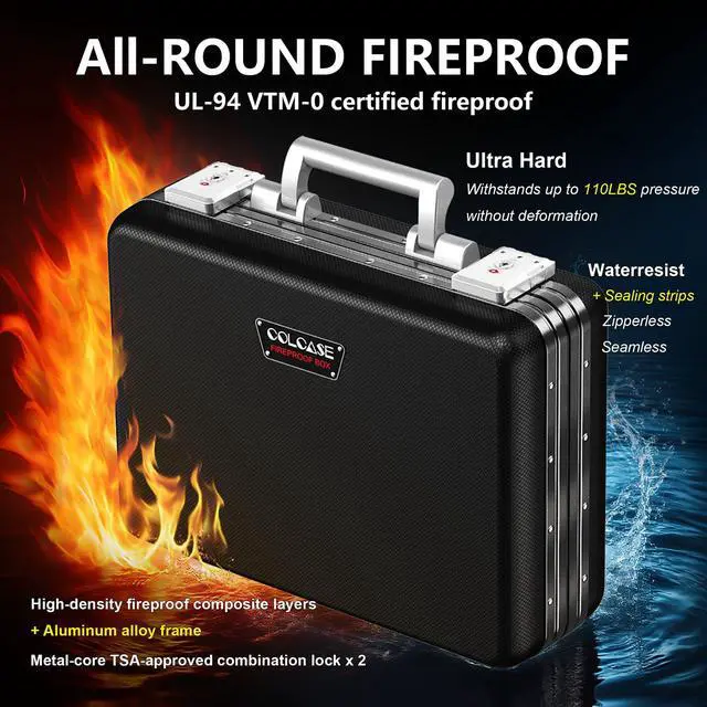 Alt view image 2 of 6 - Fireproof Document Box, Ultra Hard Metal Frame Fireproof Safe Box | Aluminum Alloy Frame Zipperless All-Around Fireproof Document Organizer with TSA Lock Black