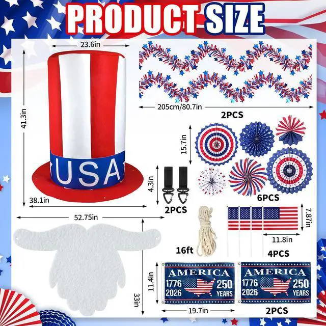 Alt view image 2 of 7 - 4th of July Golf Cart Decoration Kit for Parade Patriotic Car Decorations with Giant Hat, Beard, Tinsel & Flags, Red White Blue Vehicle Decor for Independence Day 250 Years