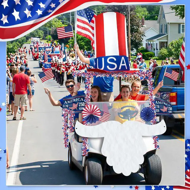 Alt view image 3 of 7 - 4th of July Golf Cart Decoration Kit for Parade Patriotic Car Decorations with Giant Hat, Beard, Tinsel & Flags, Red White Blue Vehicle Decor for Independence Day 250 Years