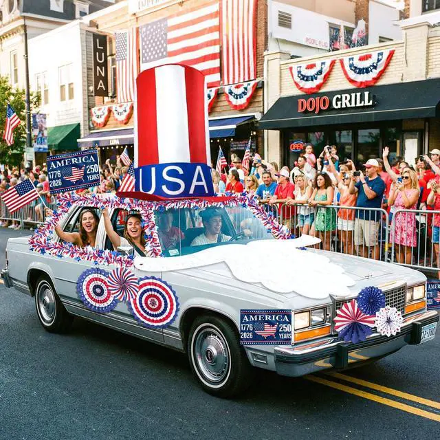 Alt view image 4 of 7 - 4th of July Golf Cart Decoration Kit for Parade Patriotic Car Decorations with Giant Hat, Beard, Tinsel & Flags, Red White Blue Vehicle Decor for Independence Day 250 Years