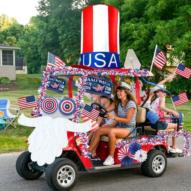 Alt view image 5 of 7 - 4th of July Golf Cart Decoration Kit for Parade Patriotic Car Decorations with Giant Hat, Beard, Tinsel & Flags, Red White Blue Vehicle Decor for Independence Day 250 Years
