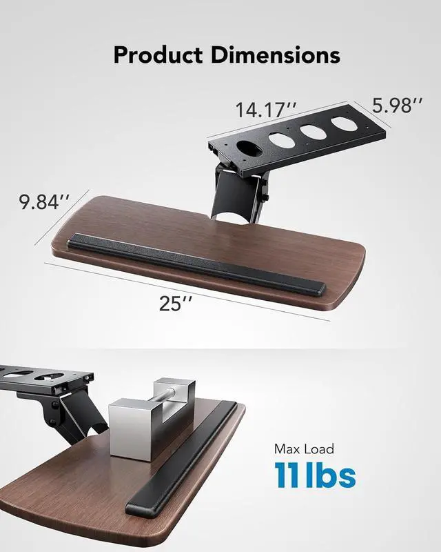 Alt view image 2 of 6 - Keyboard Tray Under Desk, 360 Adjustable Ergonomic Sliding Keyboard & Mouse Tray, Under Desk Keyboard Tray Slide Out, Keyboard Holder Under Desk for Typing in Home, Office Work, 25"W x 9.84"D