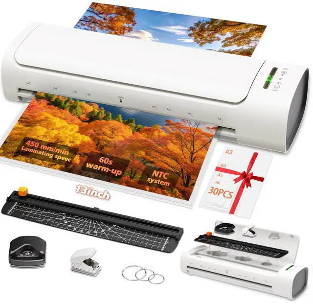 Main image of 13 Inch Laminator Machine, 11x17 Hot & Cold Thermal Laminator, A3 11-in-1 Laminating Machine with 30 Sheets, 60s Warm-Up, Never-Jam Design Lamination for Teachers, Home, School & Office -White