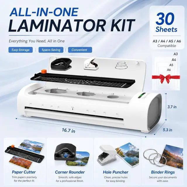 Alt view image 2 of 7 - 13 Inch Laminator Machine, 11x17 Hot & Cold Thermal Laminator, A3 11-in-1 Laminating Machine with 30 Sheets, 60s Warm-Up, Never-Jam Design Lamination for Teachers, Home, School & Office -White