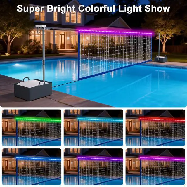 Alt view image 4 of 7 - Pool Volleyball Net Set with LED Lights, Larger Solar Panel - High Brightness Volleyball Net for Inground Pools, Adjustable 15-32ft Length Outdoor Water Volleyball Games Toy for Backyard Party