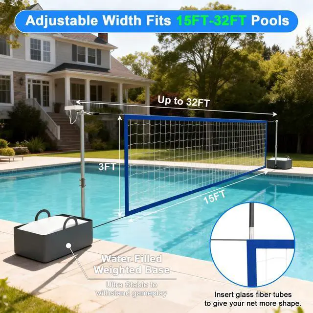 Alt view image 5 of 7 - Pool Volleyball Net Set with LED Lights, Larger Solar Panel - High Brightness Volleyball Net for Inground Pools, Adjustable 15-32ft Length Outdoor Water Volleyball Games Toy for Backyard Party