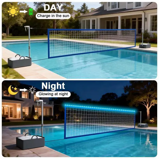 Alt view image 3 of 7 - Pool Volleyball Net Set with LED Lights, Larger Solar Panel - High Brightness Volleyball Net for Inground Pools, Adjustable 15-32ft Length Outdoor Water Volleyball Games Toy for Backyard Party