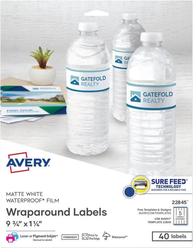 Main image of Durable Waterproof Wraparound Rectangle Labels with Sure Feed Technology,1-1/4" x 9-3/4",Matte White,40 Customizable Labels for Laser and Pigment-Inkjet Printers (22845),(Pack of 5)