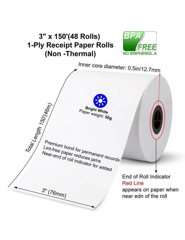 Alt view image 3 of 6 - (48 Rolls) 1Ply Bond Receipt Paper Rolls 3 x 150 White Paper for Kitchen Impact Printers TMU200 SRP275 Star SP700 Suitable For Printing Kitchen Tickets and Order receipts