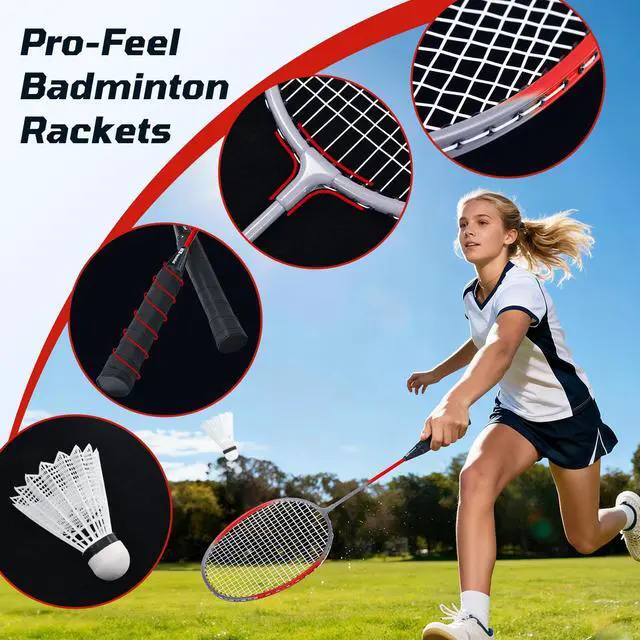 Alt view image 6 of 7 - Outdoor Badminton Net Set with Anti-Sag Winch System - 20ft Badminton Net, 4 Rackets, 3 Shuttlecocks & Carry Bag, Badminton Set for Backyard, Grass, Beach, Holiday Games