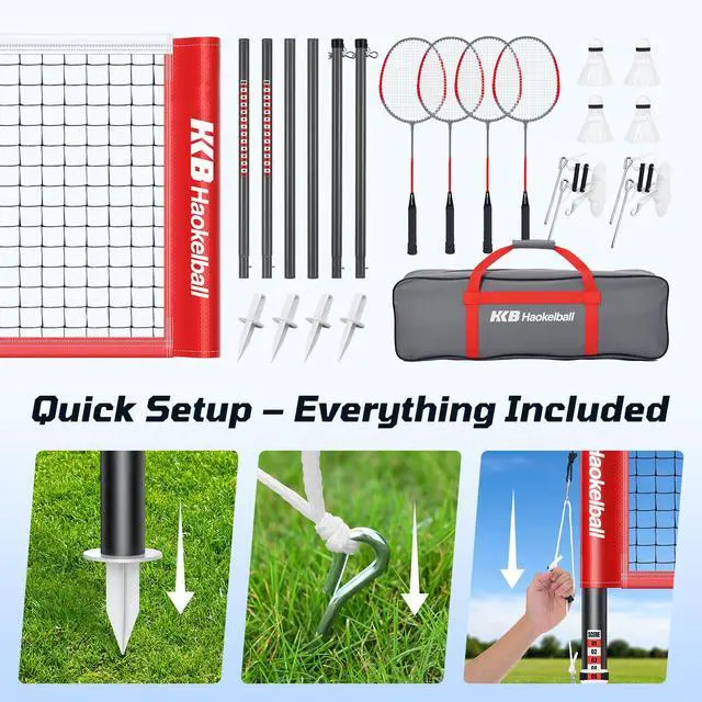 Alt view image 5 of 7 - Outdoor Badminton Net Set with Anti-Sag Winch System - 20ft Badminton Net, 4 Rackets, 3 Shuttlecocks & Carry Bag, Badminton Set for Backyard, Grass, Beach, Holiday Games