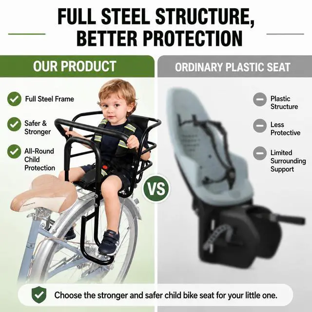 Alt view image 2 of 7 - Upgraded Rear Child Bike Seat,Back Mount Kid's Bike Seat with Foot Pedals Back Rest Handrail, Designed for Children Aged 18 Month to 8 Years Old,Easy Installation