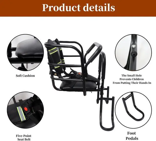 Alt view image 4 of 7 - Upgraded Rear Child Bike Seat,Back Mount Kid's Bike Seat with Foot Pedals Back Rest Handrail, Designed for Children Aged 18 Month to 8 Years Old,Easy Installation