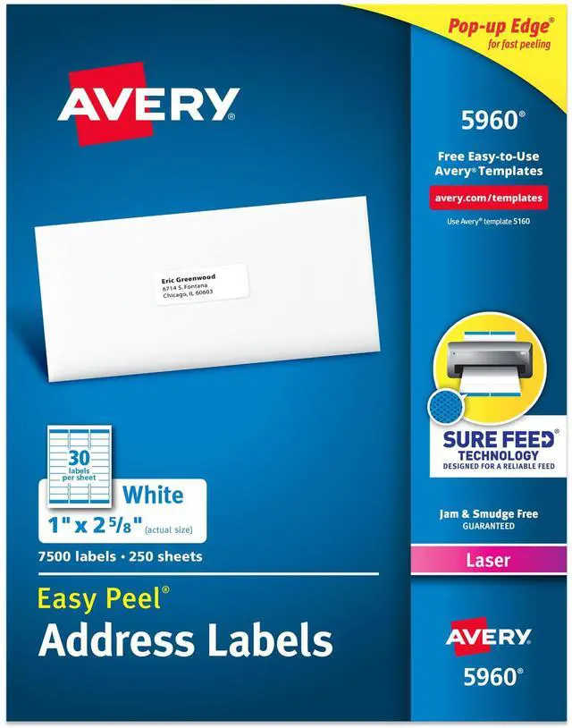 Main image of Easy Peel Printable Address Labels with Sure Feed, 1" x 2-5/8" Customizable Stickers, White, 7,500 Blank Mailing Labels, Great for Mailing, Shipping, and More (5960)