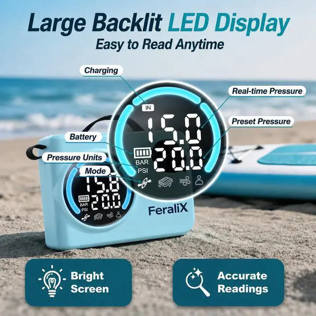 Alt view image 5 of 7 - Electric Paddle Board Pump,20 PSI Cordless Rechargeable High Pressure SUP Pump, Faster Dual-Stage Inflation & Deflation,Auto Shut-Off for SUP,Paddle Boards, Surfing Kite, Tent, Boat