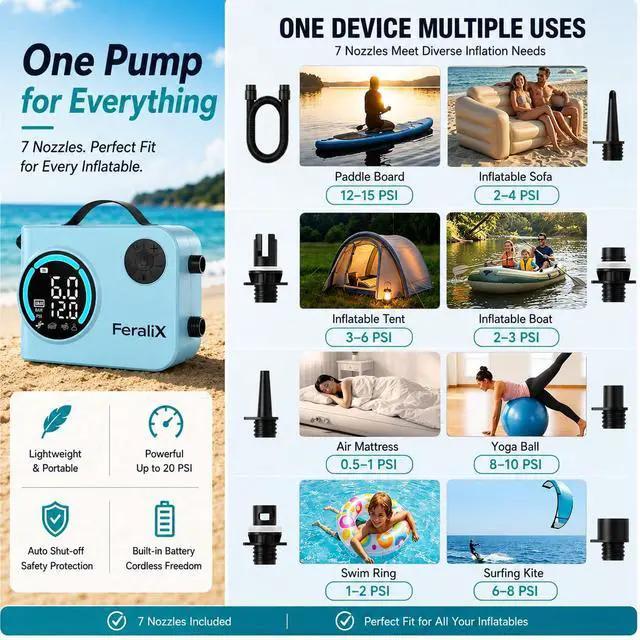Alt view image 6 of 7 - Electric Paddle Board Pump,20 PSI Cordless Rechargeable High Pressure SUP Pump, Faster Dual-Stage Inflation & Deflation,Auto Shut-Off for SUP,Paddle Boards, Surfing Kite, Tent, Boat