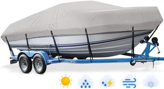 Main image of Bass Boat Cover 16-18.5ft, Trailerable Waterproof Boat Covers, Fits V-Hull, Tri-Hull, Runabout Bowrider & Fishing Boats, UV Resistant Outboard Covers Marine Grade 1200D Heavy Duty Canvas, Grey