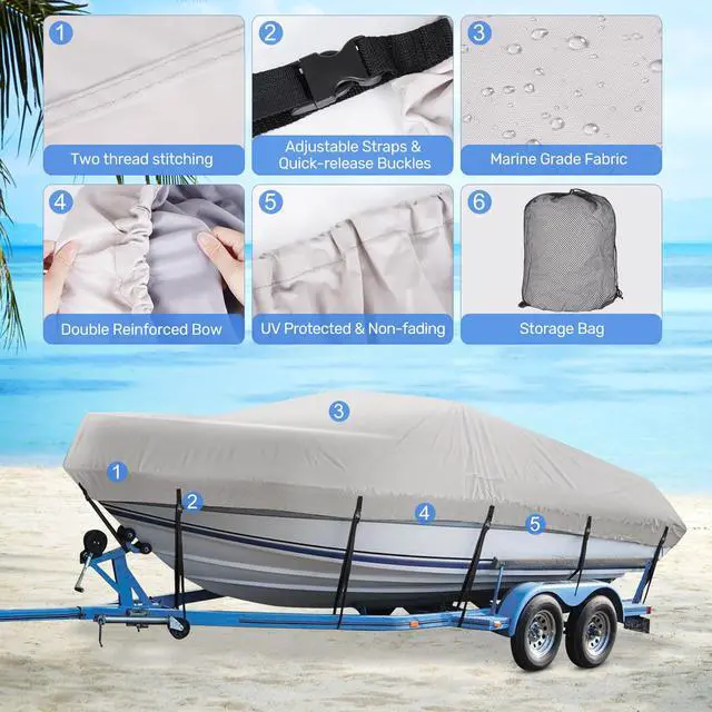 Alt view image 3 of 7 - Bass Boat Cover 16-18.5ft, Trailerable Waterproof Boat Covers, Fits V-Hull, Tri-Hull, Runabout Bowrider & Fishing Boats, UV Resistant Outboard Covers Marine Grade 1200D Heavy Duty Canvas, Grey