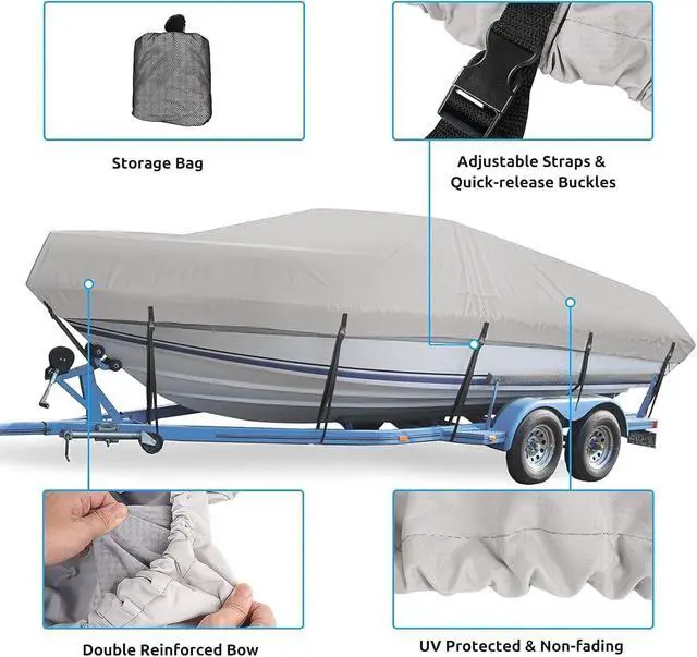 Alt view image 4 of 7 - Bass Boat Cover 16-18.5ft, Trailerable Waterproof Boat Covers, Fits V-Hull, Tri-Hull, Runabout Bowrider & Fishing Boats, UV Resistant Outboard Covers Marine Grade 1200D Heavy Duty Canvas, Grey