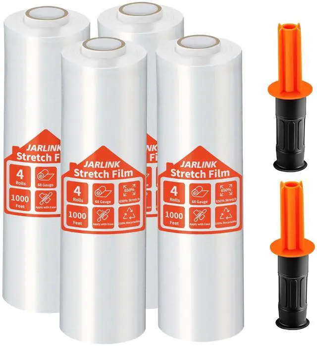 Main image of 4 Pack Stretch Film, 15" x 1000' Shrink Wrap for Pallet Wrap | Industrial Strength Stretch up to 650% Stretch with Handles, Self Adhering Packaging Heavy Duty Film for Moving, 68 Gauge